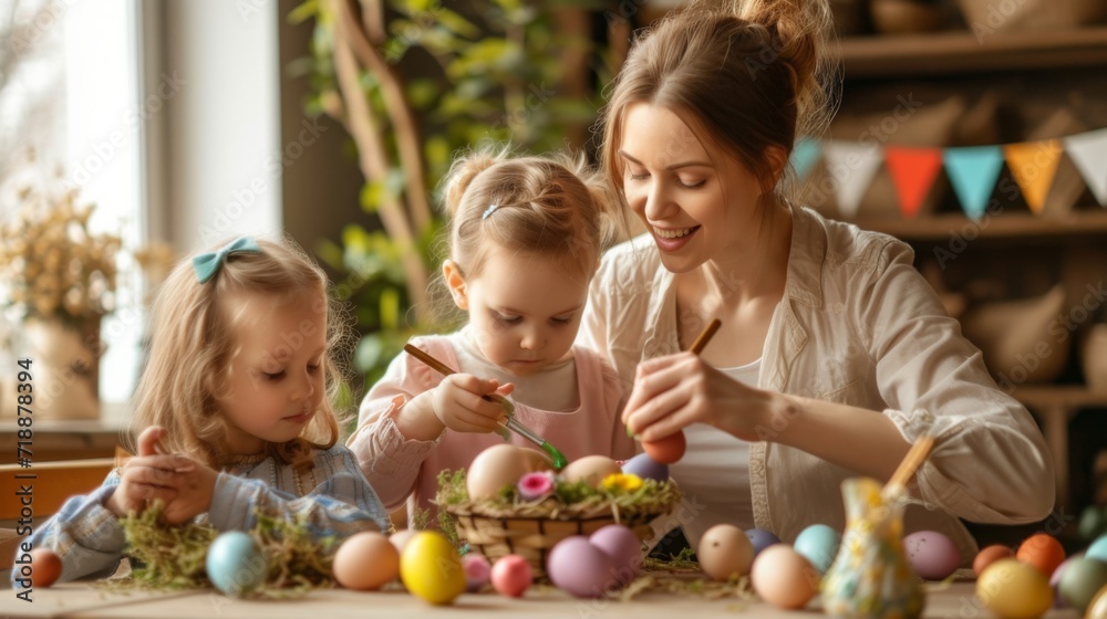Happy family mother and child painting easter eggs for easter Happy family mother and child painting easter eggs for easter