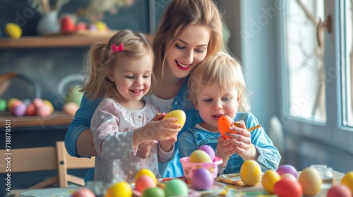 Happy family mother and child painting easter eggs for easter