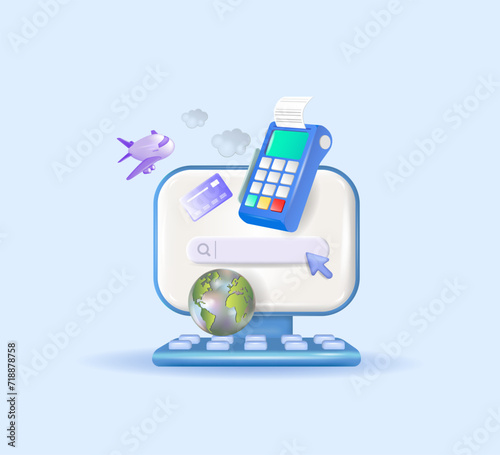 A payment terminal, a modern POS-bank payment device, payment worldwide using a card. A payment device with an NFC keyboard. A credit card reader. Vector 3D illustration of a contactless payment syst