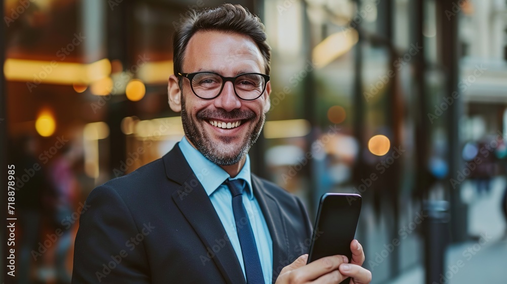 Modern businessman smiling at the camera while holding a smartphone Modern businessman smiling at the camera while holding a smartphone