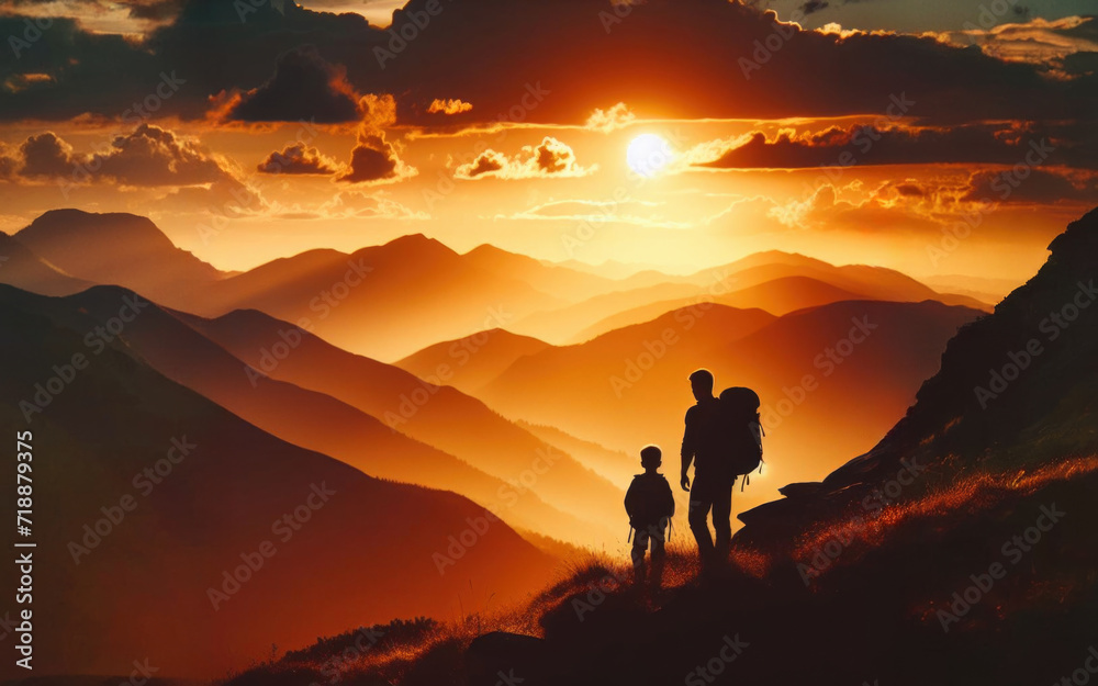 Father and son watching the sunset at the mountains
