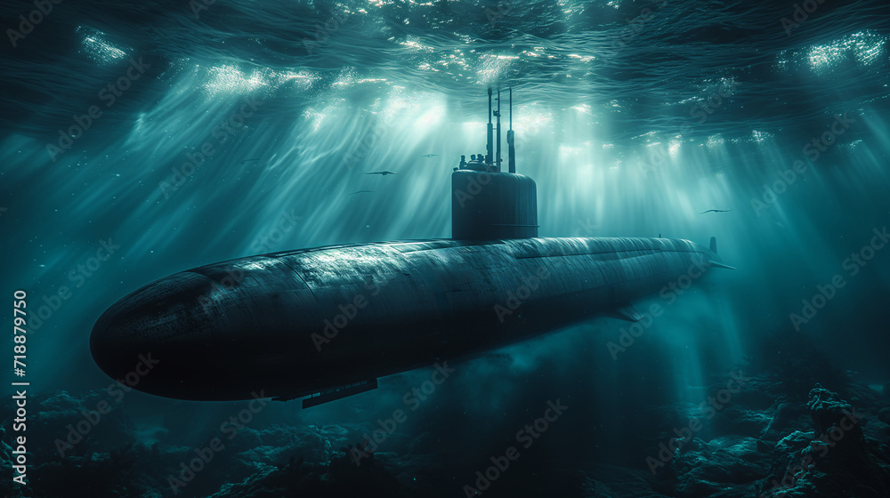 Nuclear submarines, secrets Below the sea, classified underwater Operations. Underwater view.