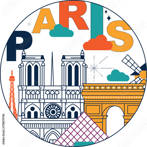 Typography word "Paris" branding technology concept. Collection of flat vector web icons, culture travel set, famous architectures, specialties detailed silhouette. European famous landmark.