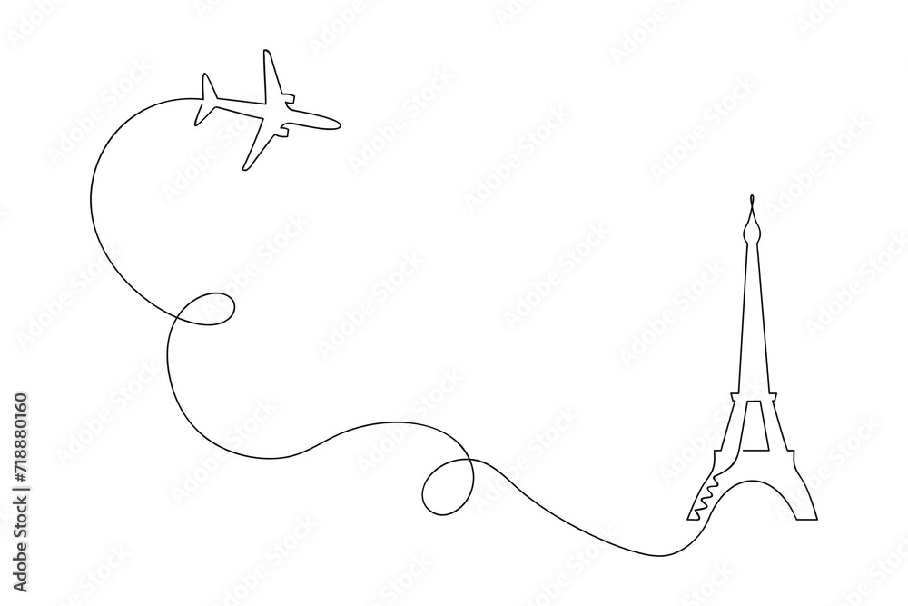 Plane to Paris drawn in one continuous line. One line drawing, minimalism. Vector illustration. Plane to Paris drawn in one continuous line. One line drawing, minimalism. Vector illustration.