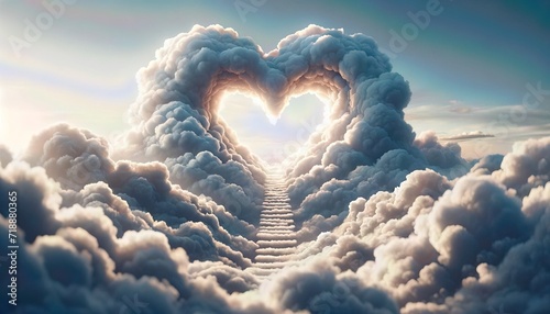 Obraz na płótnie Heart-shaped whole in the clouds, with a stairway made of clouds leading to it