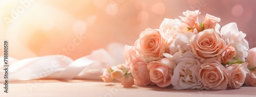 Beautiful wedding panoramic banner. A pink and orange bride's bouquet with green leaves lying on a white fluffy ground
