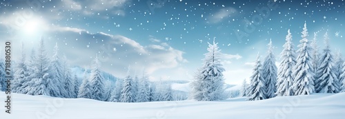 View of snowy pine trees with beautiful sky. generative AI