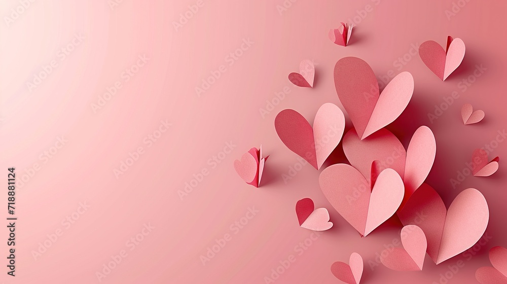 Paper elements in shape of heart flying on pink background