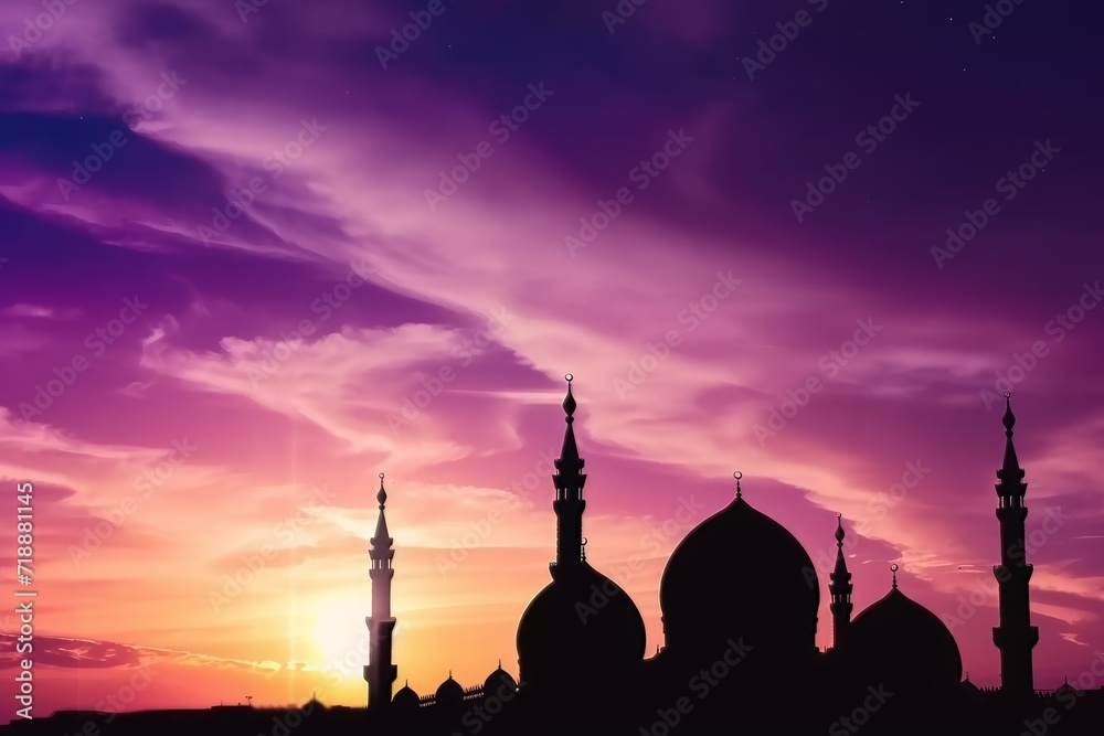 Silhouette Mosque at sunset with cloudy purple sky