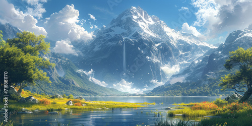 Calm Mountain Lake  A stunning alpine landscape with snow-capped peaks  clear water and lush greenery creating a serene and majestic scene.