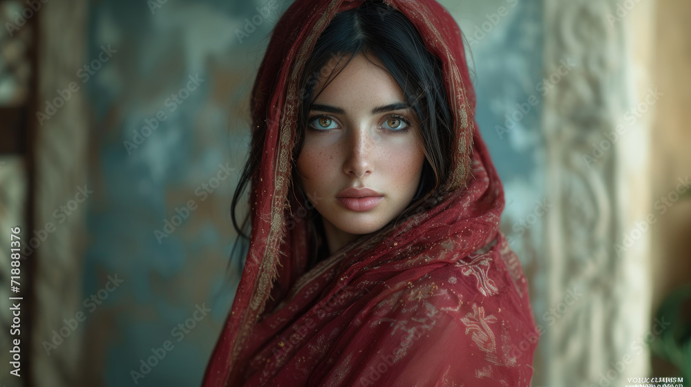 Biblical character. Close up portrait of a woman with a shawl looking at camera. 