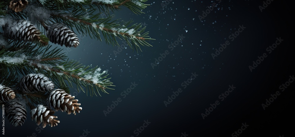 Pine leaves in photo on textured black Background. generative AI