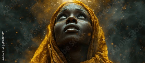 Biblical character. Close up portrait of a black woman with a shawl looking up.  photo