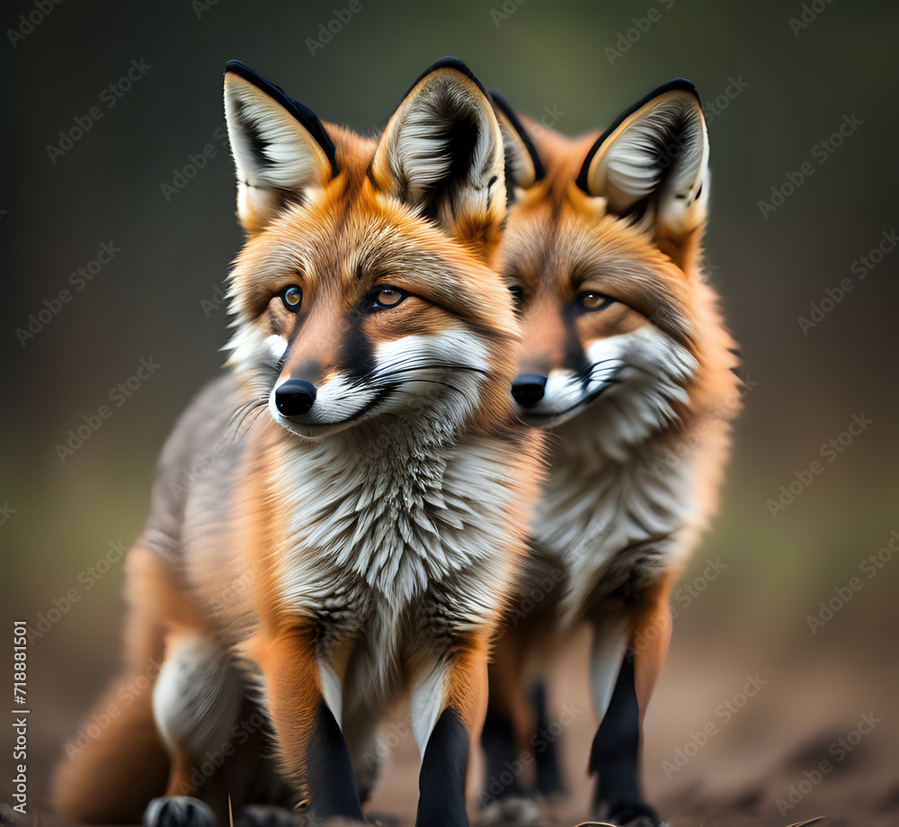 Fototapeta premium Close-up portrait of two red foxes in the forest. Wild Red Foxes Untamed Creatures. Family of cute foxes in the winter forest Generative AI