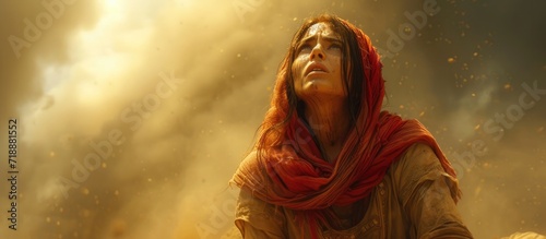 Biblical character. Emotional close up portrait of a woman in a veil looking up.  photo
