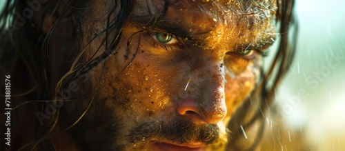 Biblical character. Close-up portrait of a serious bearded man with dirty, sweaty face.