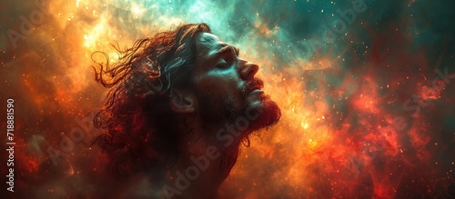 Fotografering Portrait of Jesus in the smoke and fire.