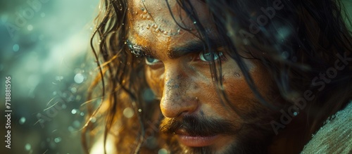 Biblical character. Close-up portrait of a serious bearded man with dirty, sweaty face.