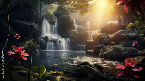 beautiful waterfall in the forest with the sun shining wallpaper