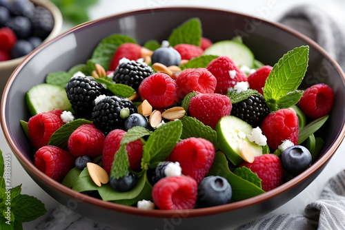 A bowl of refreshing mixed berry salad with mint