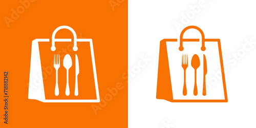 Silueta de cubiertos (tenedor, cuchillo y cuchara) en bolsa de la compra de papel para restaurante de comida para llevar