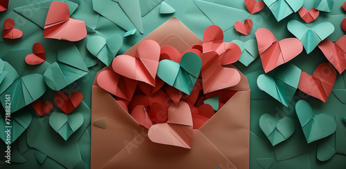 Colorful paper hearts overflowing from envelope, perfect for Valentine's Day or wedding invitations and design elements.