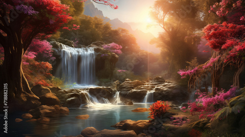 beautiful waterfall in the forest with the sun shining wallpaper photo