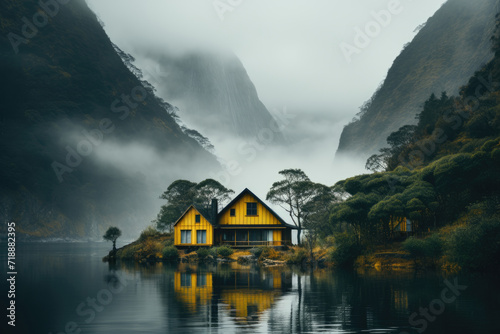 Serene yellow cabin by a still lake, enveloped in mist with towering cliffs in the backdrop, creating a mystical atmosphere. © Maria Tatic