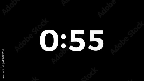 1 Minute Countdown Timer Animation with Dissolving Numbers. 60 Seconds White Countdown on a Black Background. photo