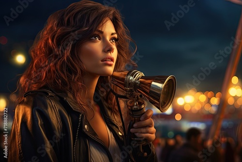 Woman using binoculars on promenade.