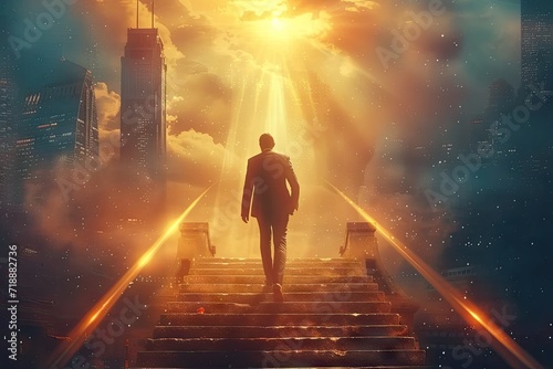 Concept of determined businessman on ascent to success symbolized by climbing staircase. Imagery of light cityscapes and stairs evoke sense of progress and ambition
