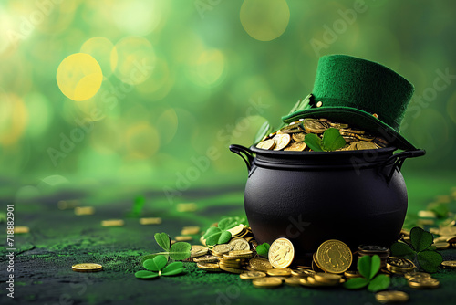 Black pot full of gold coins , leprechaun hat and clover on a bokeh background with a copy space. AI generative