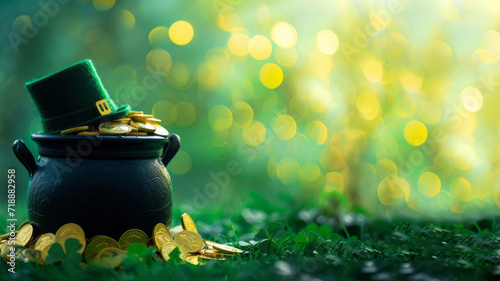 Black pot full of gold coins , leprechaun hat and clover on a bokeh background with a copy space. AI generative