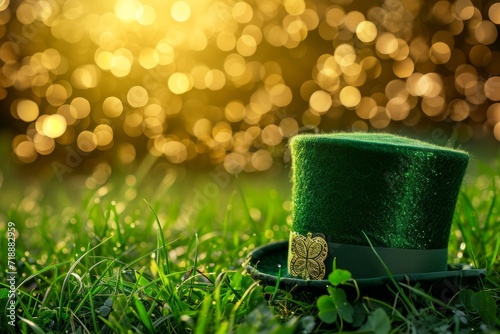 Green leprechaun hat in a grass and bokeh background with a copy space. AI generative