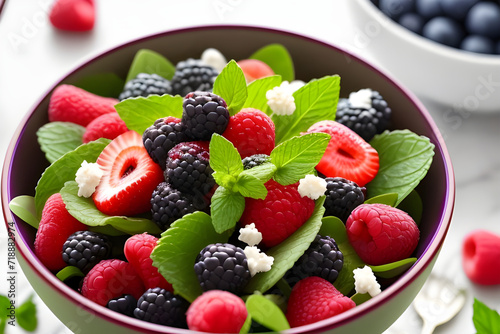 A bowl of refreshing mixed berry salad with mint