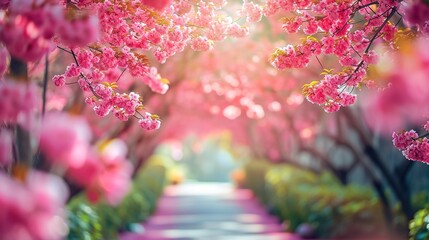 Sakura, Cherry blossoms flower, Garden walkway with beautiful pink sakura full blooming branch tree background with sunny day in spring season