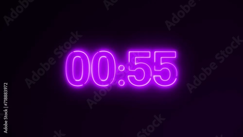 Glowing 1 Minute Countdown Timer Animation. 60 Seconds Neon Purple Countdown on a Black Background. photo