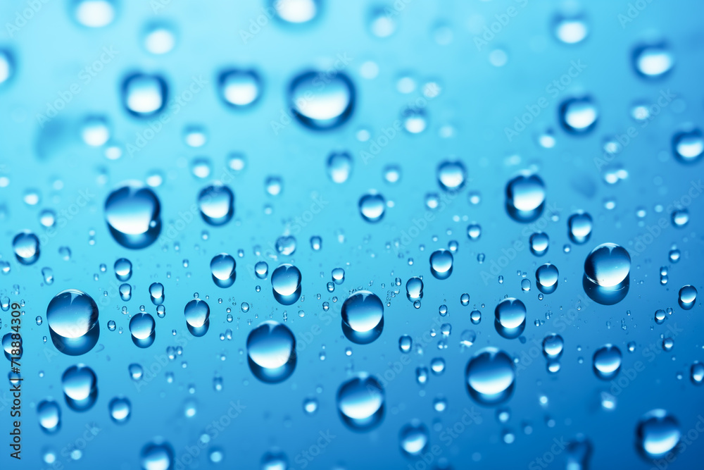 Water drops on blue surface. Abstract blue texture background.