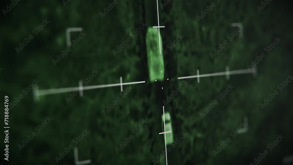 Military weapon with night vision scanning the area before the attack. Military night vision system prepares for attack on the enemy. Night vision system launches a rocket attack at military vehicles