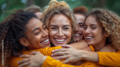 Diverse group of friends hugging and smiling