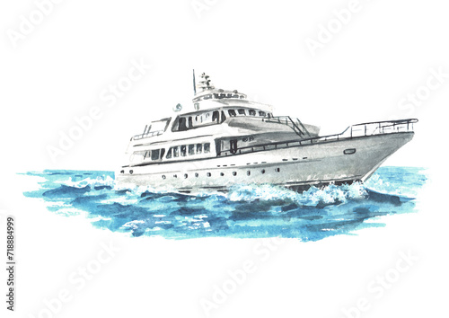 Sea boat  yacht on the waves near the tropical beach. Hand drawn watercolor illustration  isolated on white background