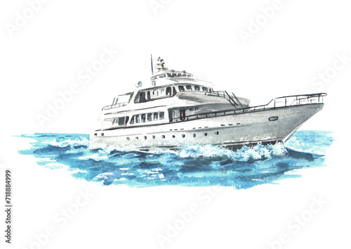 Foto Sea boat, yacht on the waves near the tropical beach