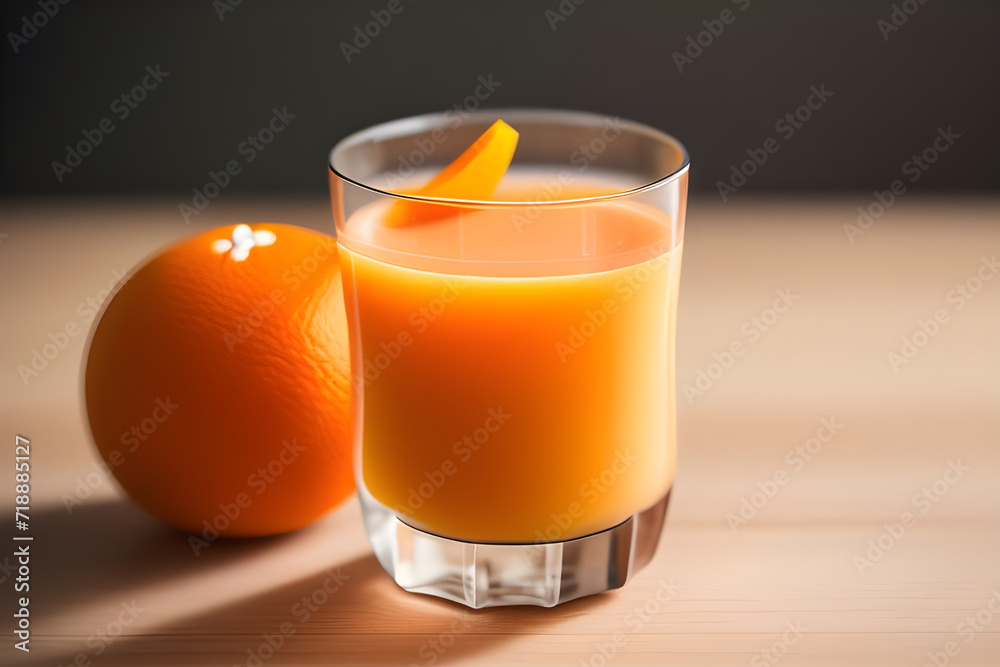 A glass of freshly squeezed orange juice with a slice of orange A glass of freshly squeezed orange juice with a slice of orange