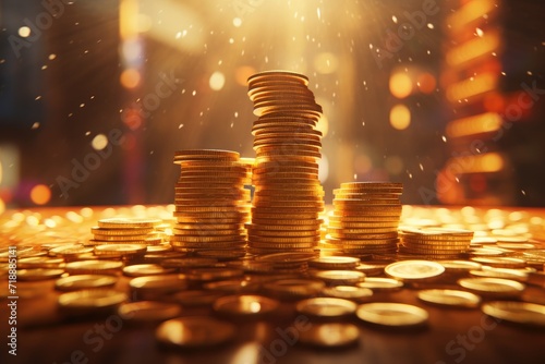 Golden background with coin stacks, representing business and finance.