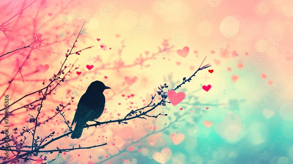 silhouette of bird in heart shape on pastel background and Valentine's Day silhouette of bird in heart shape on pastel background and Valentine's Day