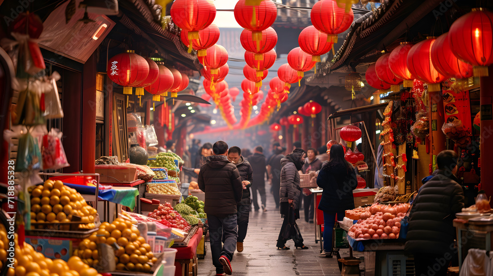 A bustling traditional Chinese market 