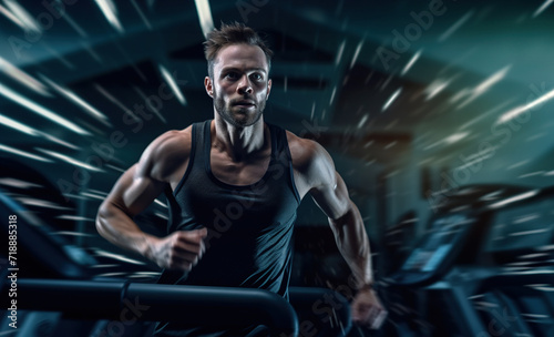 Front view of very muscular man running fast on treadmill in modern gym. Handsome guy on cardio training at gym. © FutureStock