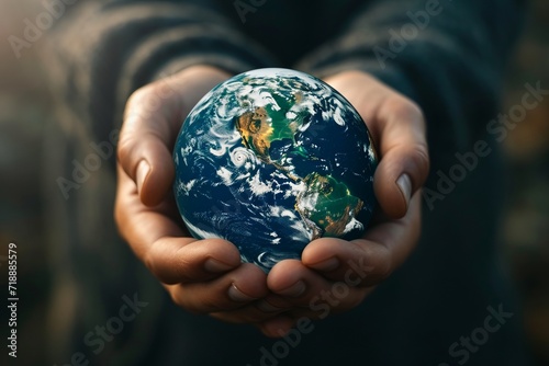 Small planet Earth in a human's hands. AI generative