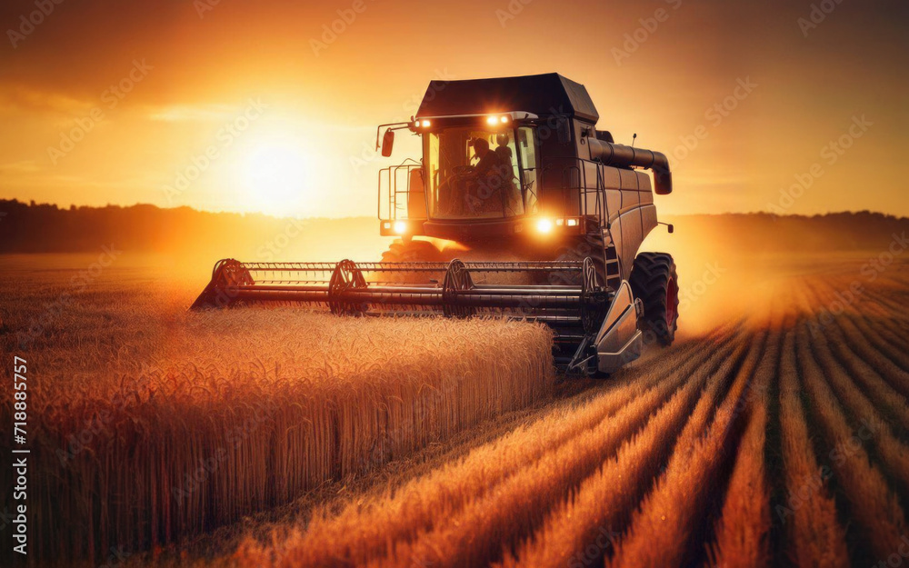 Fototapeta premium Combine harvester harvesting ripe wheat on big wheat field and tractor
