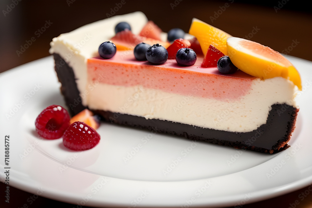 A slice of New York-style cheesecake with a fruit topping A slice of New York-style cheesecake with a fruit topping